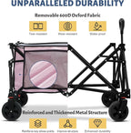 Collapsible Folding Wagon Cart, 220LBS Heavy Duty Foldable Utility Garden Cart with All Terrain Wheels & Side Storage Bag, Portable Sports Wagon for Camping, Shopping, Garden. (Pink)