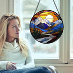 Stained Glass Window Hanging, Yellow Blue Sunset Mountains Scenery Sun Catcher for Window Home Decor Landscape Suncatcher Mother's Day Birthday Gifts for Women Men Mom and Nana 6.3 in