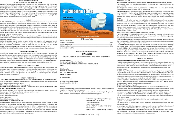 Chlorine Tablets 3 inch 40 Pounds, TABIT Swimming Pool Long Lasting Chlorinating Tablets, Slow Dissolving, Tri-Chlor for Swim Pool, Hot Tubs, Spa