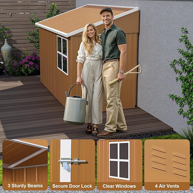8x4 FT Outdoor Steel Storage Shed with Clear Windows, Outswing Lockable Door & Ventilation, Brown and White Weather-Resistant Metal Tool Shed for Garden, Backyard, Lawn, and Utility Storage