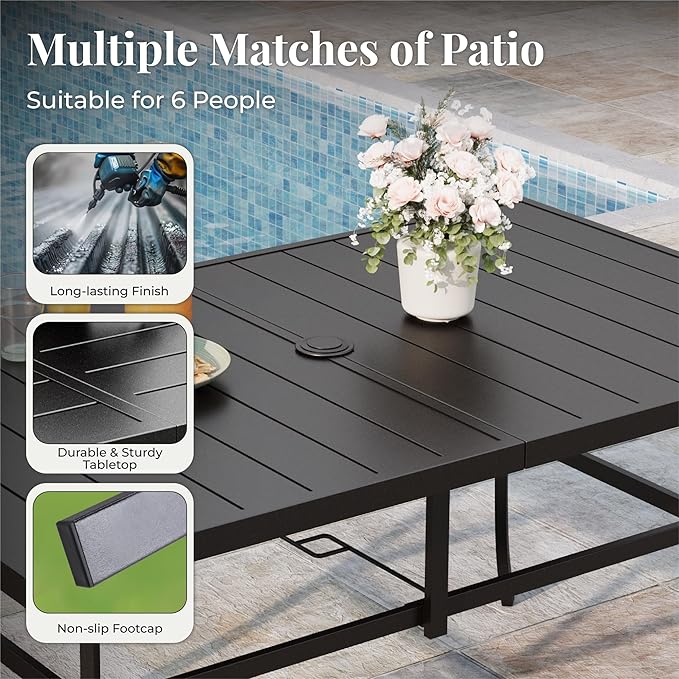 Outdoor Patio Dining Set 7 Piece Furniture Set with Metal Patio Dining Table with Umbrella Hole Table for Deck Garden Backyard Lawn Poolside
