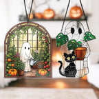 2 Cute Halloween Suncatcher Decorations, Spooky Cute Ghost Plant Window Hangings, Ghost with Black Cat Greenhouse, Pumpkin Ornaments Home Garden, Gifts for Plant Lovers, Women