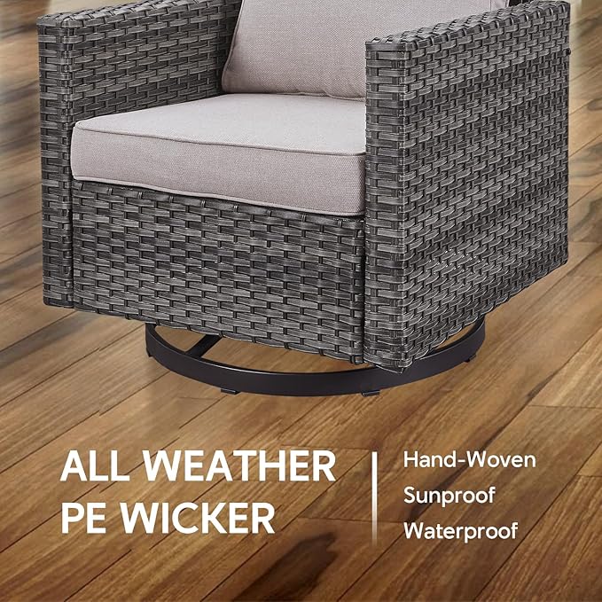 Outdoor Swivel Rocker Chairs Set of 4 with Fire Pit Table - 5 Peice Wicker Patio Furniture Set Conversation Set with 50,000 BTU Fire Pit for Deck Backyard - Grey Wicker Beige Cushion