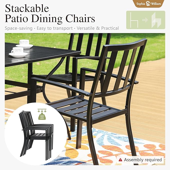 Sophia & William 7-Piece Patio Dining Set for 6, 60.2" Metal Outdoor Table with Umbrella Hole & 6 Stackable Chairs, Heavy-Duty 300LB Capacity - Black - Garden Furniture for Deck, Lawn, Backyard