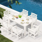 SERWALL Patio Dining Set for 6, Outdoor Dining Sets for 6 Person with 1 Umbrella Hole Cut-Out Rectangular Table and 6 Chairs, HDPE Dining Sets for Garden, Backyard, Poolside, White