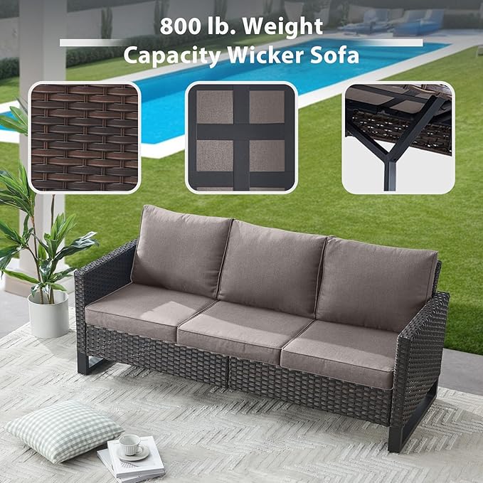 7 Piece Wicker Patio Furniture with Fire Pit Table - Outdoor Conversation Set with 50,000 BTU Fire Pit, All Weather Rattan Patio Set for Deck Backyard Garden - Brown Wicker Grey Cushion