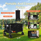 Collapsible Wagon Cart with Wheels Foldable, Folding Wagons Carts with All Terrain Wheels, Large Grocery Cart On Wheels, Heavy Duty Utility Wagon for Shopping Beach Sports Fishing Camping, 130L, Black