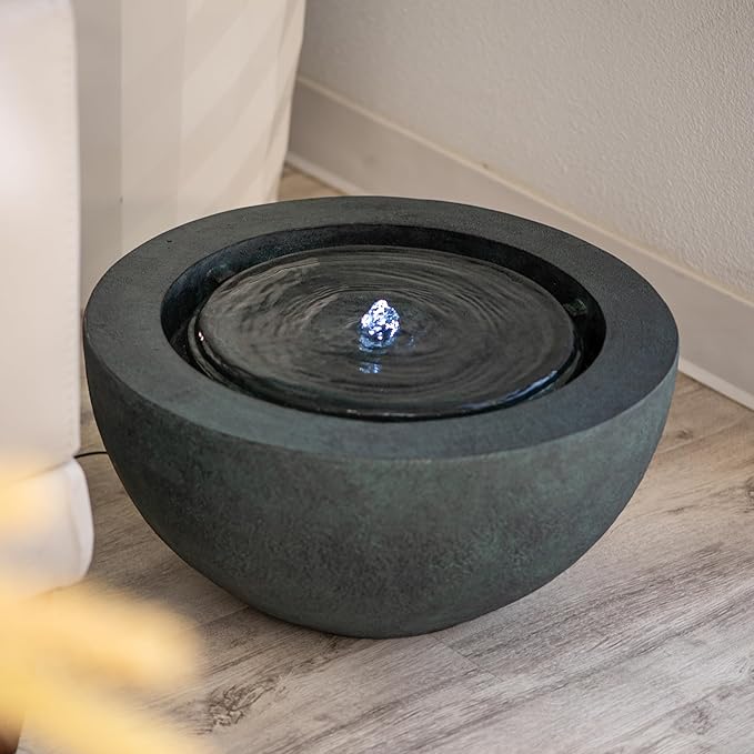 Xbrand 19.8" W Round Polyresin Indoor/Outdoor Sphere Water Feature w/LED Light, Garden Patio Fountain Decor, Dark Green, ALLS3542-2