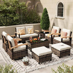 MEISSALIVVE 10 Pieces Outdoor Patio Furniture Sets,PE Wicker Patio Conversation Sets with 4 Wood Armrests Swivel Rocker Chairs，2-seat Sofa and Coffee Table(Brown)