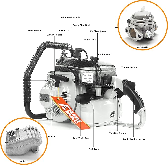 FARMMAC F070W Gas Chainsaw Powerhead, NEOTEC Chainsaw 105cc 2-Cycle Gasoline Power Chain Saws, 4.8KW 6.4HP Fit for 36 and 42 inch Bar, All Parts Compatible with MS070 090 Neotec NS8105 without Bar