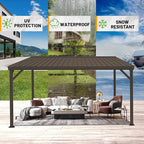 10x14FT Lean to Gazebo, Outdoor Hardtop Wall Mounted Gazebo with Gutter & Sloping Galvanized Steel Roof, Metal Hard Top Awnings for Deck, Porch, Backyard -Brown