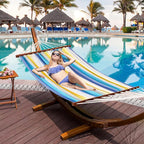 Lazy Daze Hammocks Cotton Fabric Spreader Bar Hammock and 10.5 Ft Wood Arc Hammock Stand Combo, for Outdoor, Indoor, Patio, Backyard, Blue and Yellow