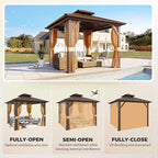 YOLENY 10' x 10' Gazebo Hardtop with Aluminum Frame,Galvanized Steel Double Roof Gazebos with Curtain and Netting,Outdoor Metal Pergolas for Garden, Lawn, Deck, Brown