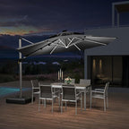 PURPLE LEAF 12ft Patio Umbrella With Base Solar powered LED Cantilever Umbrella with LED lights Windproof Outdoor Offset Umbrella for Garden Deck Pool Patio, Grey