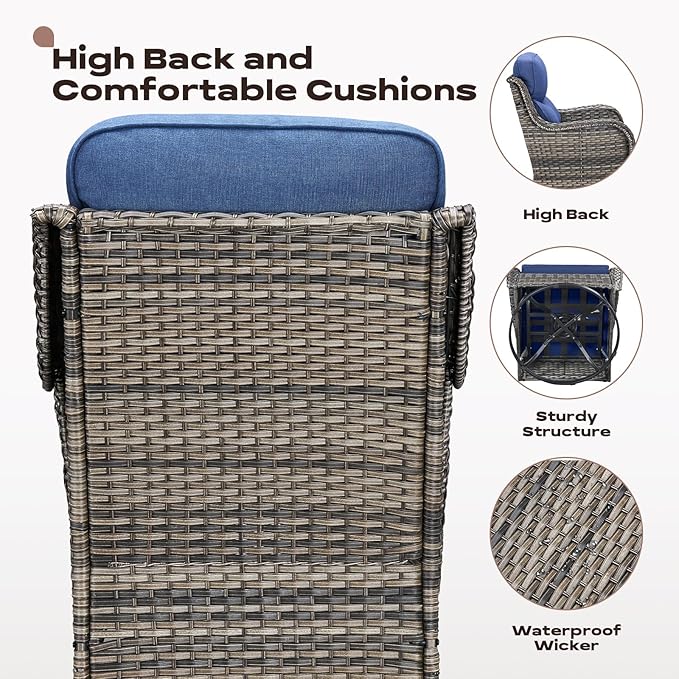 Rilyson Outdoor Patio Swivel Rocker Chairs Set of 2, Waterproof Wicker, High Back, Deep Seating, Wide Armrest, Upgraded 6 inch Thick Cushions, Ideal for Deck Porch Backyard, Mixed Grey/Blue