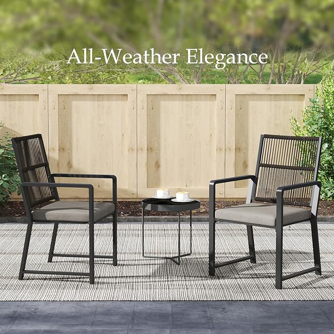 Aluminum Outdoor Patio Dining Chairs -Imitation Rope Vine Chair Ergonomic Backrest Design Detachable Seat Cushion Soft and Breathable Garden/Porch, Black 2Pcs