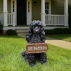 Porch Greeter Dog Statue with Flip-Over “Welcome/ON Patrol” Hanging Plaque and Solar Walkway Lantern, Black Sitting Poodle Yard Accent