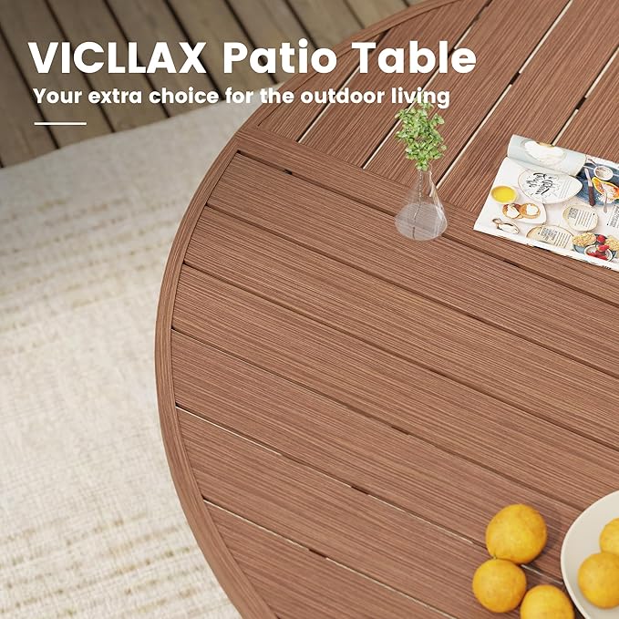 VICLLAX Outdoor Patio Round Dining Table, 47.2"x 47.2" Spliced Metal Tabletop with Storage Shelf for Deck Lawn Garden Backyard, Walnut