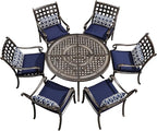 PURPLE LEAF 7 Pieces Patio Dining Set Cast Aluminum Patio Furniture with 6 Armchairs and 47" Round Table, Cushion and Pillow Included, for Lawn Yard Garden Outdoor Dining Set, Navy Blue