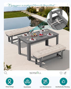SERWALL Patio Dining Set for 4, Outdoor Dining Sets for 4 Person with 1 Umbrella Hole Cut-Out Rectangular Table and 2 Benches, HDPE Dining Sets for Garden, Backyard, Poolside, Gray
