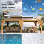 MELLCOM 14'x24' Gazebo, Wooden Finish Coated Aluminum Frame Pergola with Double Galvanized Steel Hardtop Roof, Outdoor Permanent Metal Pavilion with Curtains and Nettings for Patio, Backyard and Deck