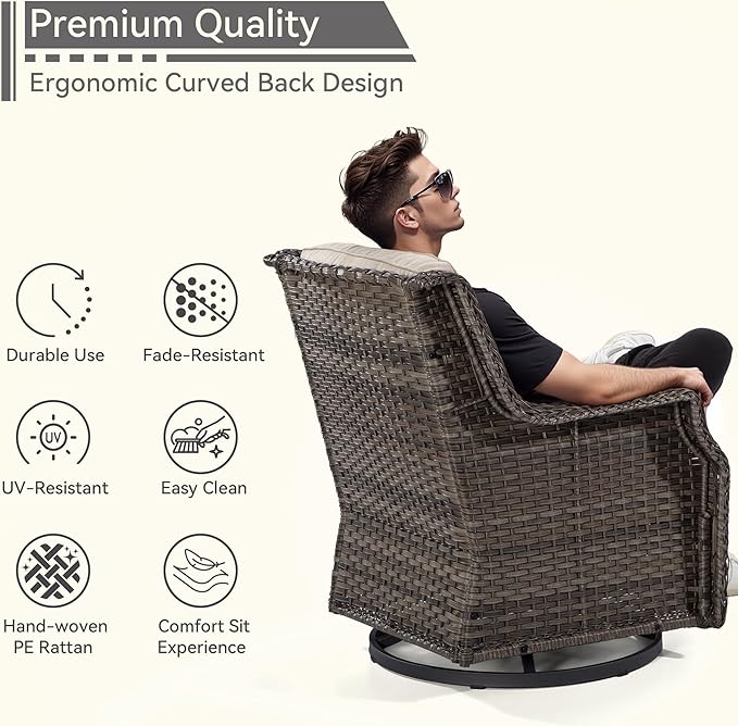 Swivel Patio Chair Outdoors - 360 Degree, Glider Chair with 3.5" Olefin Fabric Cushions (Mixed Grey Rattan/Beige)