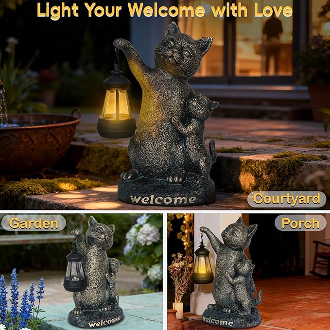 Cat Garden Decor Outdoor Statue - Cute Cats Figurine Ornaments with Solar Lights,Garden Waterproof Sculptures for Yard Lawn Backyard Patio Balcony Home Decorations,Unique Gift for Mom & Cat Lovers