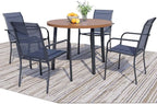 5 Pieces Round Dining Table Set for 4, Patio Dining Set Includes 4 Dark Blue Stackable Patio Chairs and 1 Walnut Round Table, Patio Furniture Sets with Sling Support for Outside, Garden