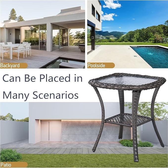 Outdoor Side Tables for Patio, Wicker/Rattan End Tables, Outdoor Wicker Side Table, Grey Rattan Glass Top Patio Side Table