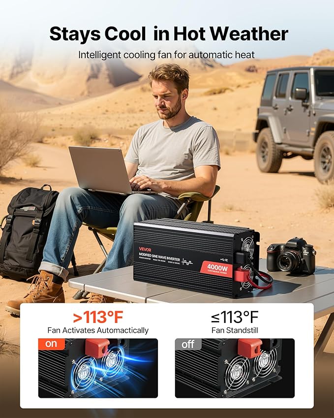 VEVOR 4000W Power Inverter, 12V DC to 120V AC Modified Sine Wave Inverter, Solar Car Charger Converter with LCD Display, Remote Control, 2 USB Ports, 4 AC Outlets, Type-C Port, for RV, Truck Outdoor