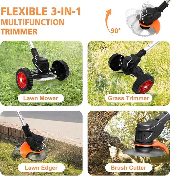 ALSO GO 24V Electric Weed Wacker, Cordless Grass Trimmer with 2 Batteries & Charger, 3 in 1 Stringless Brush Cutter/Weed Eater/Edger/Lawn Mower with 3 Types Blade & Wheels for Garden and Yard Lawn