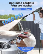 Cordless Pressure Washer 1080PSI Portable High-Pressure for Car Wash Outdoor Cleaning, 6-in-1 Adjustable Nozzle,Battery & Adaptor Included (2X 3Ah)