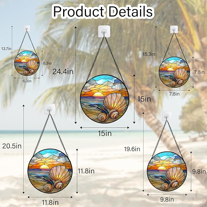 Stained Glass Window Hanging - Colorful Beach Shells Conch Sun Catcher for Door Home Decor Ocean Suncatcher Christmas Mother's Day Birthday Sea Lover Gifts for Women Men Mom Nana 9.8 in