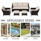 5 Piece Wicker Patio Conversation Set, All-Weather Use Outdoor 2 PE Rattan Chair, 2 Ottoman, 1 Patio Sofa, Removable Water-Resistant Cushion, Ideal for Porch, Backyard, Balcony, Poolside, Beige