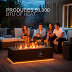 42" Outdoor Fire Pit Table, 50,000 BTU Gas Fire Pit with Glass Wind Guard, Fire Stones, Waterproof Cover, Propane Fire Pit Table for Outside Patio (Warm Light, Black)