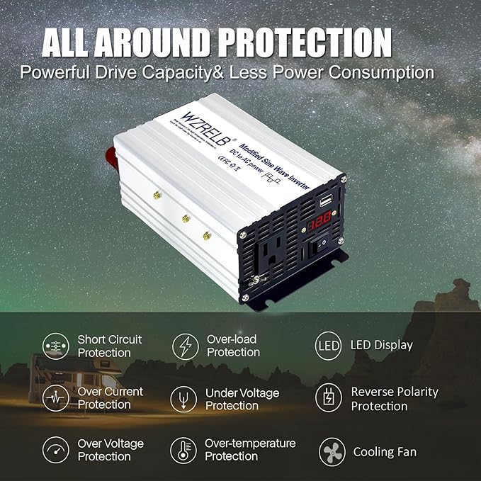 WZRELB 600W Power Inverter 12V DC to 110V 120V AC,Modified Sine Wave Car Inverter for Vehicles with LED Display,5V/2.4A USB Port,Soft Starter,Off-Grid Power Converter with High Efficiency up to 90%