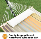 Waterproof Double Hammock with Stand for Outside Heavy Duty, 2 Person 55'' Large Quick Dry Textilene Hammocks with Hardwood Spreader Bar, Pillow, Pockets, for Outdoor, 475lbs Capacity (Coffee)