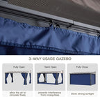 10’ x 28’ Gazebo for Patio,Wall Mounted Gazebo with Sloping Polycarbonate Roof,Aluminum Frame Outdoor pelgole w/Netting & Curtain for Garden,Backyard,Navyblue
