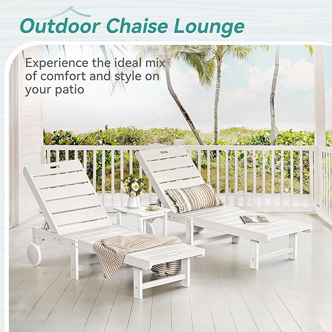 Outdoor Chaise Lounge Chairs with Table, 2-Piece, 26.8” Super Wide Lounge Chair Outdoor, HDPS Pool Chairs with 5 Positions, Patio Lounge Chair with Wheels for Pool,Lawn,Backyard, White