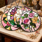Stained Glass Window Hanging 4 Pcs Set Pink Floral Theme 7.8" - Flowers Suncatcher Door Garden Sun Catcher Decor Birthday Christmas for Mom Woman Nana Men Friend