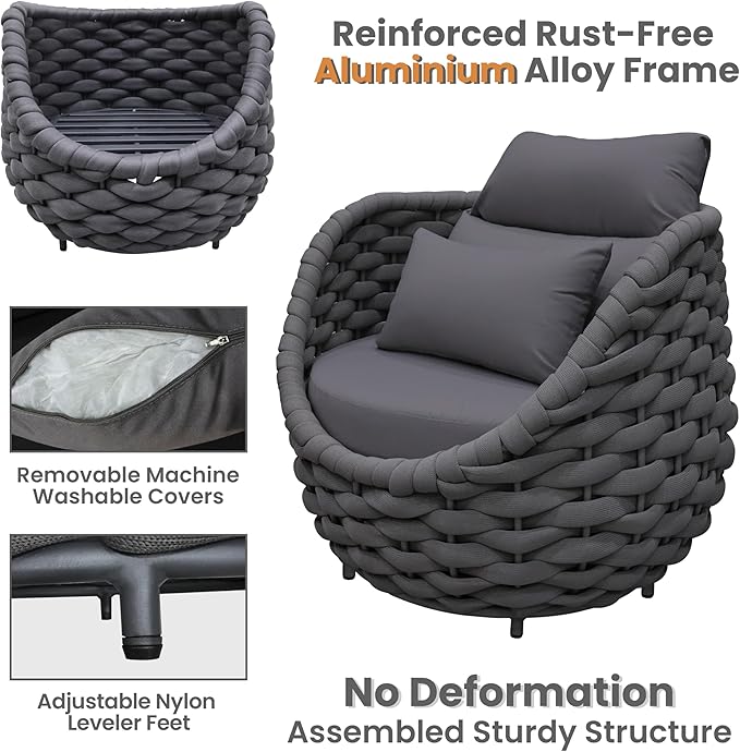 Front Porch Accent Chair: Aluminum Woven Rope Armchair Assembled - Cushioned Patio Single Chair w/Arms Modern - All Weather Balcony Furniture for 400lbs Outdoor Yard Deck Pool Hotel, Dark Gray