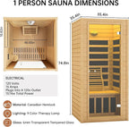 springspa Far Infrared Sauna 1 Person Indoor Sauna Spa Room, Canadian Hemlock Wooden Infrared Saunas for Home with Low Emf Lighting, Bluetooth Speakers, LCD Control Panel, 9 Chromotherapy