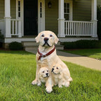 Labrador Retriever Outdoor Dog Family Statue with Reversible “Welcome/ON Patrol” Hanging Plaque and Solar Lantern, Yellow Mom with Two Puppies, Sitting Yard Greeter
