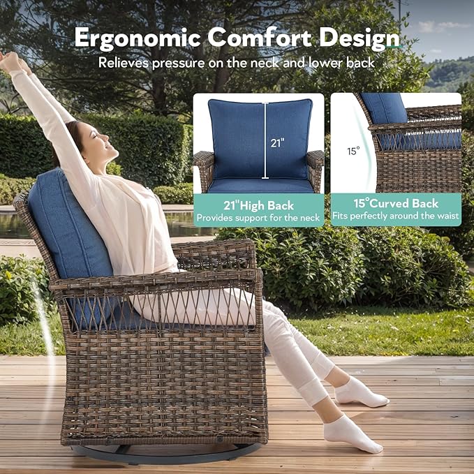 Outdoor Swivel Glider Chairs - 4 Pieces Hollow Widen Armrests Wicker Patio Furniture Set with Ottomans, High Back Outside Swivel Rocker for Balcony Porch Deck and Yard - Brown/Blue