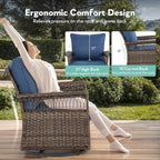 5 Pieces Wicker Patio Furniture Set - Hollow Widen Armrests Outdoor Swivel Glider Chairs and 3 Seat Sofa with Coffee Table & Side Table for Balcony Porch Deck and Yard - Brown/Blue