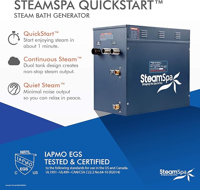 SteamSpa Executive 12KW QuickStart ACU-Steam Bath Generator Package with Built-in Auto Drain in Polished Chrome | Steam Generator Kit with Dual Control Panel Steamheads 240V | SS-EXT1200CH-A