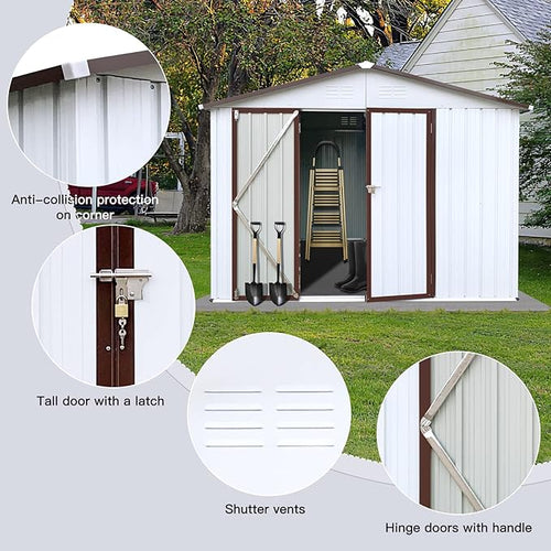 10 x8 FT Metal Outdoor Storage Shed & Double Hinged Large Door - Heavy-Duty Shed with Floor, Lockable & Ventilation - Rainproof Windproof Large Utility Garden Shed for Backyard Patio Lawn - Brown