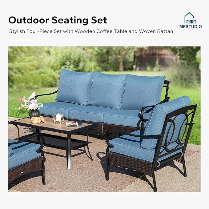 MFSTUDIO 4 Pieces Outdoor Patio Furniture Set, Metal Outdoor Conversation Set, Rattan Wicker Patio Sectional with 2 x Swivel Single Sofa, 3-Seat Sofa, 1 x Coffee Table, Navy Blue
