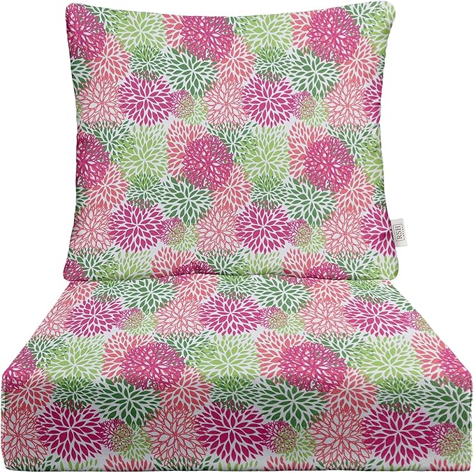 RSH DECOR Deep Seating Cushion with Pillow Back | 25” x 25.5” Seat | Water and Fade-Resistant Spun Fabric | Outdoor Chair Cushion Set for Patio Furniture | Floral Blooms Harmony Pink