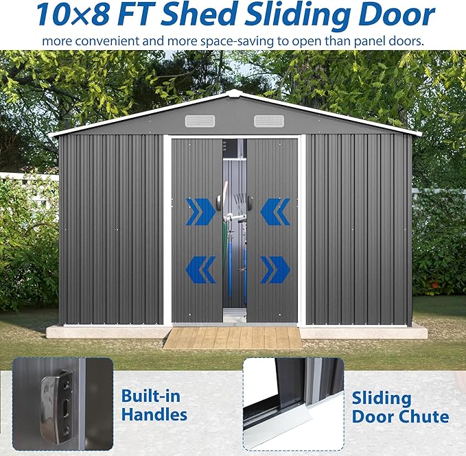 10X8 FT Outdoor Storage Shed with Galvanized Steel Construction & Lockable Doors,All Weather Garden Tool House Sheds W/Sliding Doors and Padlock,for Patio,Backyard,Lawn,Gray